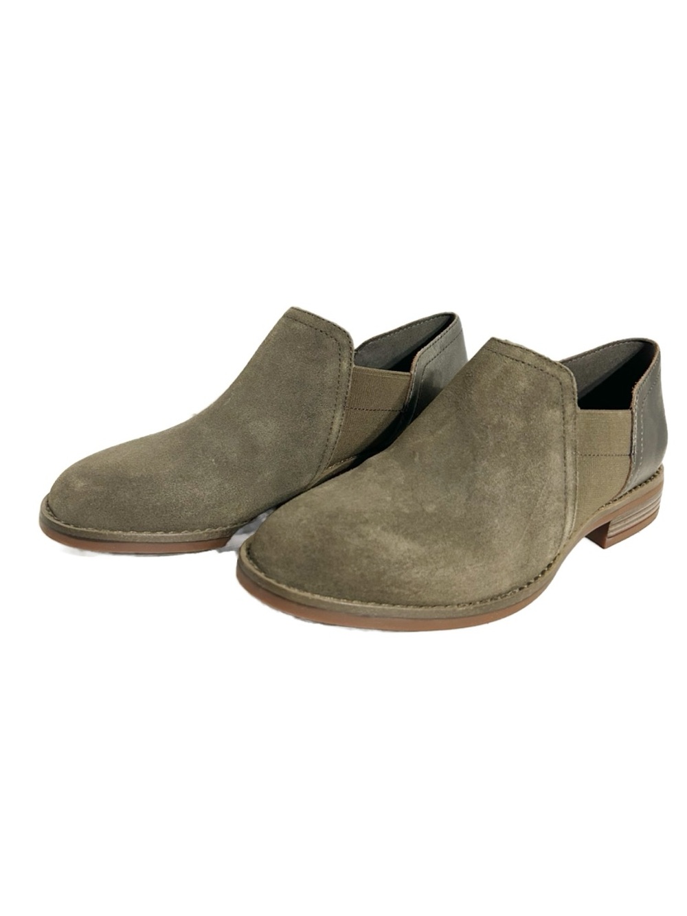 Clarks Camzin Step Dark Olive Suede Slip-On Booties Women’s US 6 Comfort Shoes